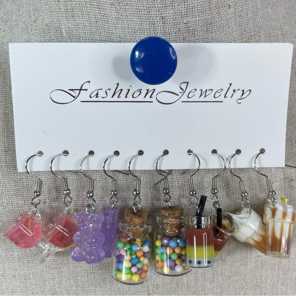 New 1 Pack-5 Pairs of Dangle Pierced Earrings Fun Candy Store Malt Shake Shop